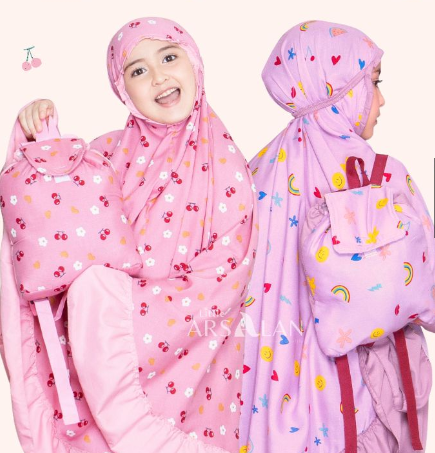 Mukena Anak Tas Ransel motif Cherry motif Pelangi | Mukena Katun Rayon TK SD Tanggung